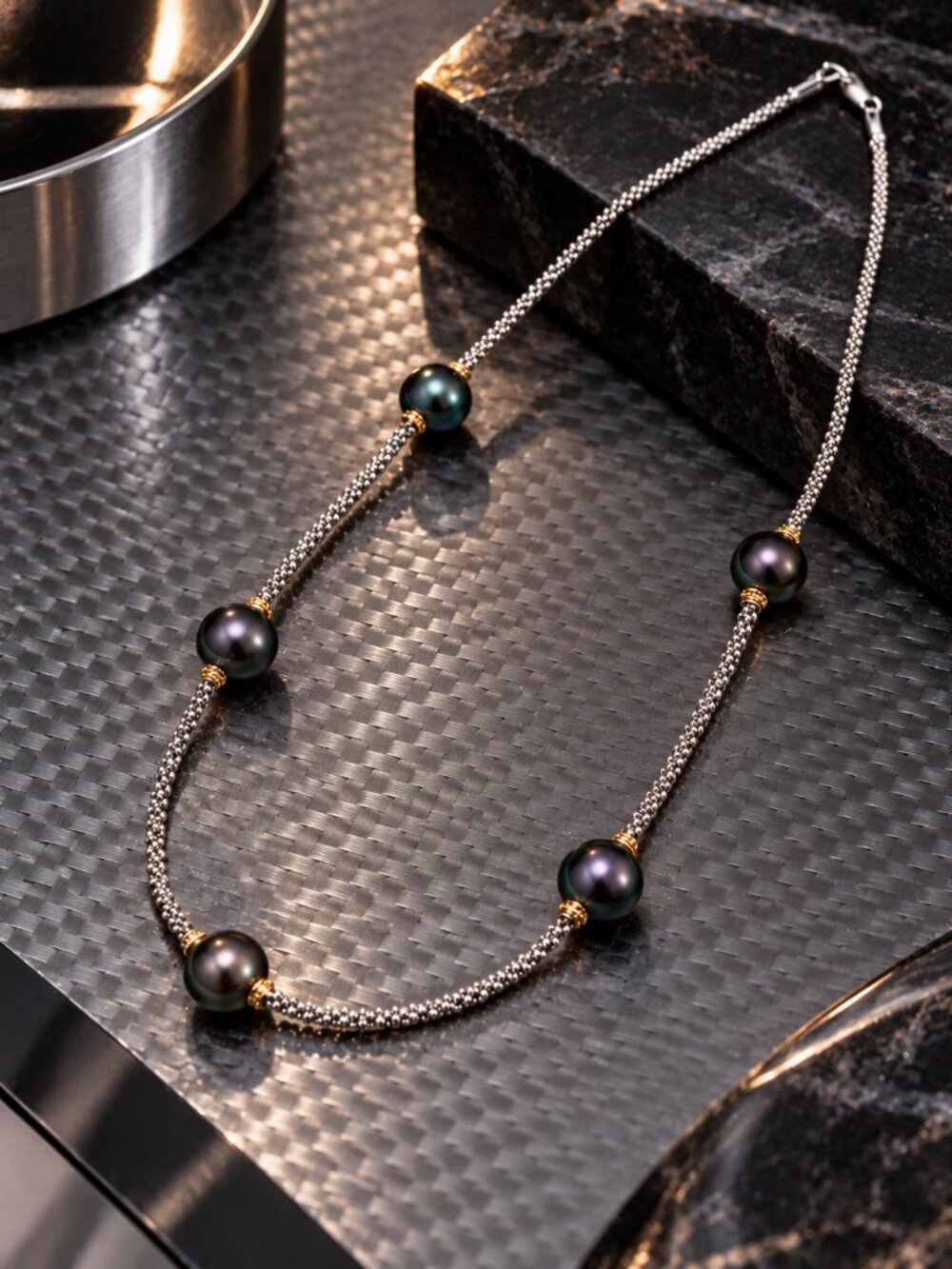Lagos Caviar Black Pearl Station Necklace 17.5"